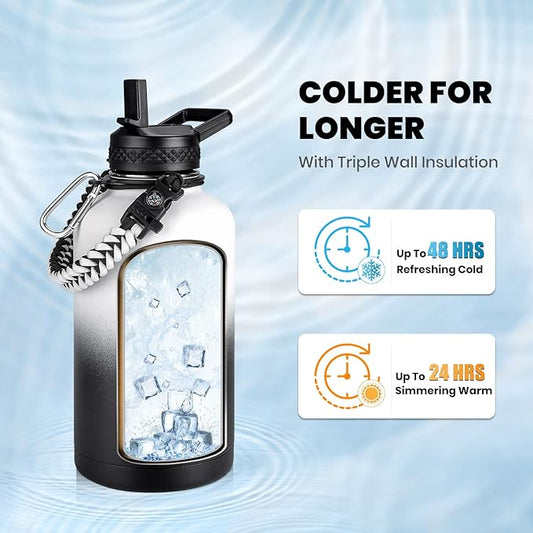 Insulated Water Bottle 64 oz, Triple Wall Vacuum Stainless Steel (Cold for 48 Hrs), Leak Proof & Non-BPA, Half Gallon Water Flask Jug with Paracord Handle & Straw Spout Lids, White/Black