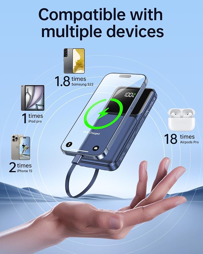Portable Charger with Built in Cable - Power Bank Fast Charging USB C LED Display 10000mah Battery Pack 5 Outputs & 3 Inputs for Travel Essentials iPhone Samsung Android Phones Tablets Blue