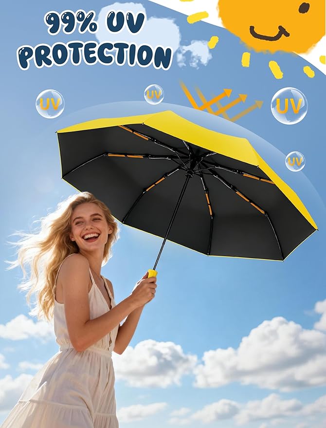 Yoobure Automatic Travel Umbrellas for Rain - Portable & Compact Umbrella for Backpack, Car, UV Umbrellas for Sun Protection, Windproof Folding Small Umbrella in Macaron for Kids, Women, Colorful