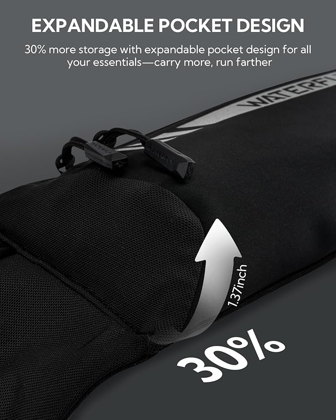 WATERFLY Running Belt Fanny Pack: Slim Breathable 4 Pocket Waist Bag for Men Women Sport Workout Exercise Fitness Phone Holder - Runner Marathon Jogging Waistband Fits ALL Phones Black
