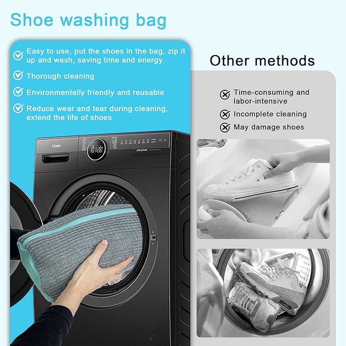 XXL Shoe Washing Machine Bag - Reusable Shoes Cleaning Bags for Washer And Dryer, Durable Zipper Laundry Shoe Bag 360° Deep Clean Sneaker Tennis Include Delicate Laundry Bag/Bra Laundry Bags (Gray)