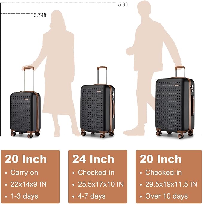 Kono Carry On Luggage 22x14x9 Airline Approved Lightweight Hardside Suitcase with Spinner Wheels & Built-in TSA Lock (Black, 20 Inch)