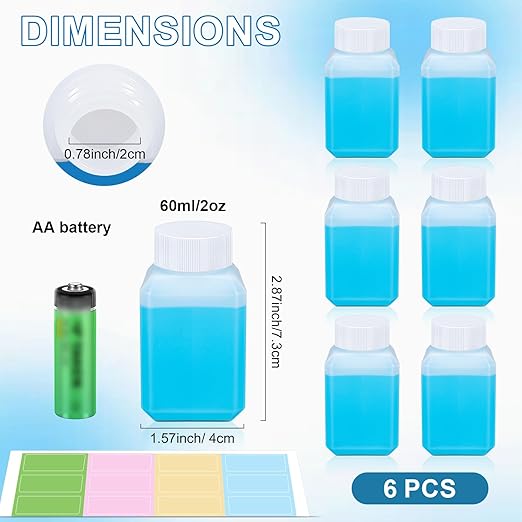 2oz Leak Proof Plastic Bottles with Caps, Laboratory Reagent Bottle, Reusable Small Pill Storage Containers for Travel, Classrooms, Home (6 pack translucent)