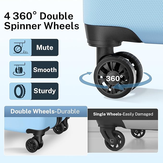 AnyZip Luggage Sets 4 Piece Hardshell Suitcase Set PC ABS Lightweight Travel Suitcases with 4 Double Spinner Wheels TSA Lock 20 24 28 32 Inch Light Blue