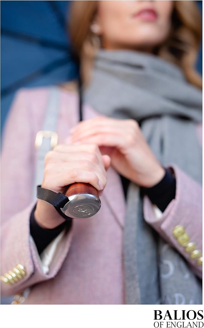 Balios (Designed in UK) Travel Umbrella Luxurious Golden Hardwood Handle Auto Open & Close Windproof Frame Single Canopy Automatic Folding Umbrella Men's & Ladies