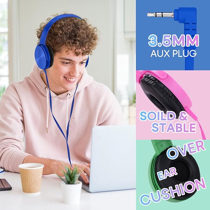 Kids Headphones Bulk 5 Pack for School Classroom Students K-12, Wholesale Wired Durable Headphones for Children Toddler Boys Girls Computer Chromebook Laptop PC (LS450, 5 Mixed)