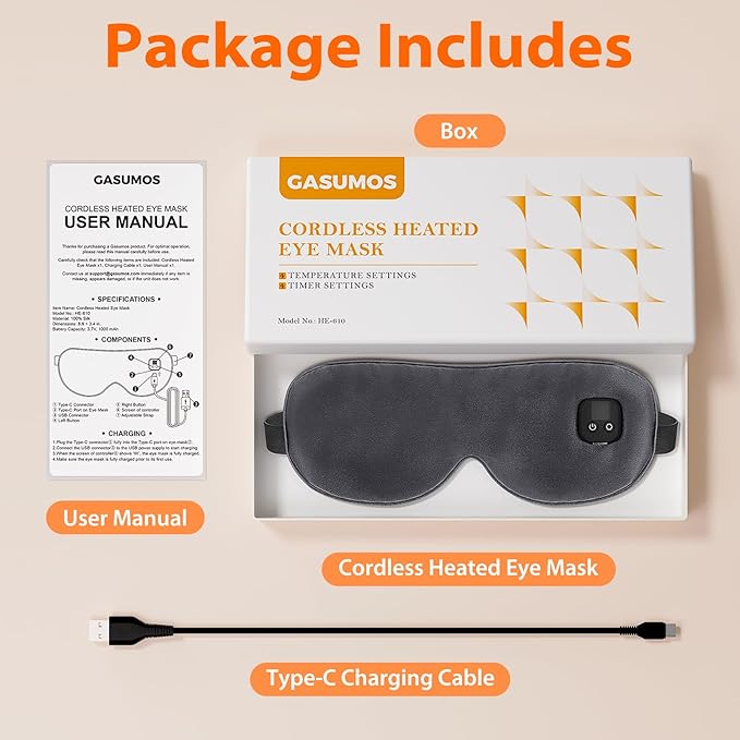 Silk Heated Eye Mask, Cordless Warmer Compress for Dry Eyes, 4-Level Temperature & Time Settings, Rechargeable & Washable, Gifts for Family Friends (Grey)