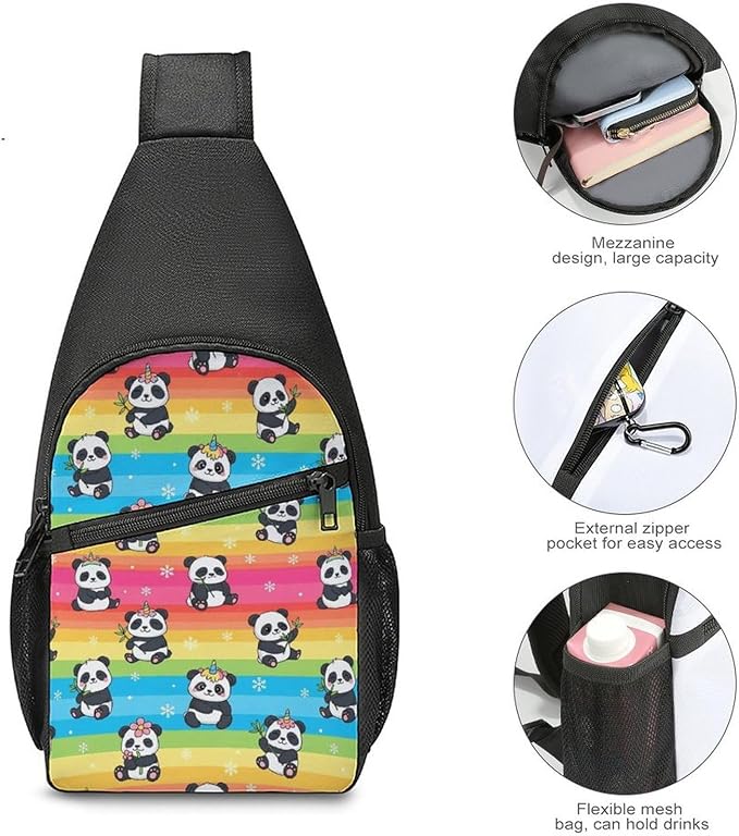 SWEET TANG Large Capacity Sling Chest Bag Backpack, Fashion Daypack Rainbow Cute Unicorns Panda, Cross Body Funny Shoulder Sack with Adjutable Strap for Men Women Travel