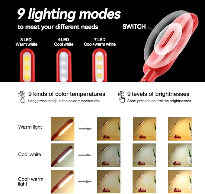 VAVOFO Rechargeable Book Light for Reading in Bed Kids, 7 LED Reading Light with 9-Level Warm Cool White Daylight, Eye Care Lamp with Power Indicator for Bookworms (Red)