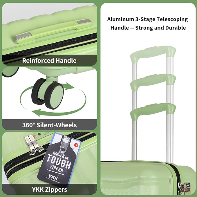 Lightweight Luggage with Spinner Wheels & YKK Zipper, 3-Piece Travel Suitcase ABS+PC Hardshell Luggage Set with TSA Lock, Light Avocado Green (20+24+28 inch)