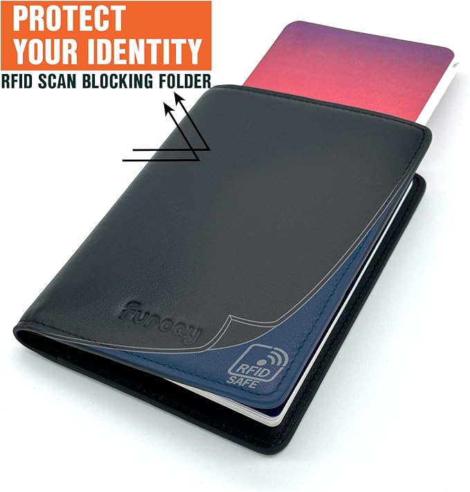 Passport holder for travel, Genuine Nappa Leather Passport Cover with RFID blocking. A must-have Airport Travel safety essentials for both men and women.(Black/Gray)
