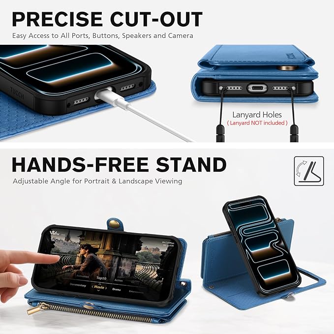 TUCCH Removable Crossbody Case Wallet for iPhone 17 Pro (6.3") 2025, Wireless Charging, RFID Blocking 9 Card Slots, Lanyard, Wrist Strap, Zipper Pocket, PU Leather, Stand Magnetic Cover, Light Blue