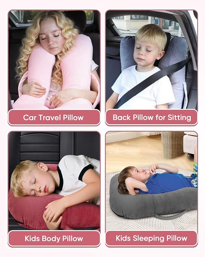 Car Travel Pillow for Kids Adults, Raised Padding Head and Neck Support Car Seat Sleeping Pillow for Toddlers, Portable U Shaped Body Pillow for Car Seat On Road Trip (Magenta)