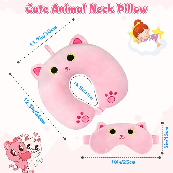 Kids Neck Pillow for Travel, Cute Cat Neck Pillow with Eye Mask for Sleeping Journey, Soft U-Shaped Travel Pillow for Airplane Car (Pink)