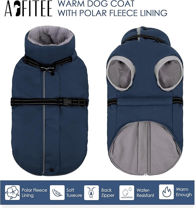 AOFITEE Dog Jacket, Large Dog Coat with Harness Built in, Warm Fleece Lined Pet Winter Jacket with Zipper & Furry Collar, Waterproof Pet Snow Coat Snowsuit for French Bulldog, Blue L
