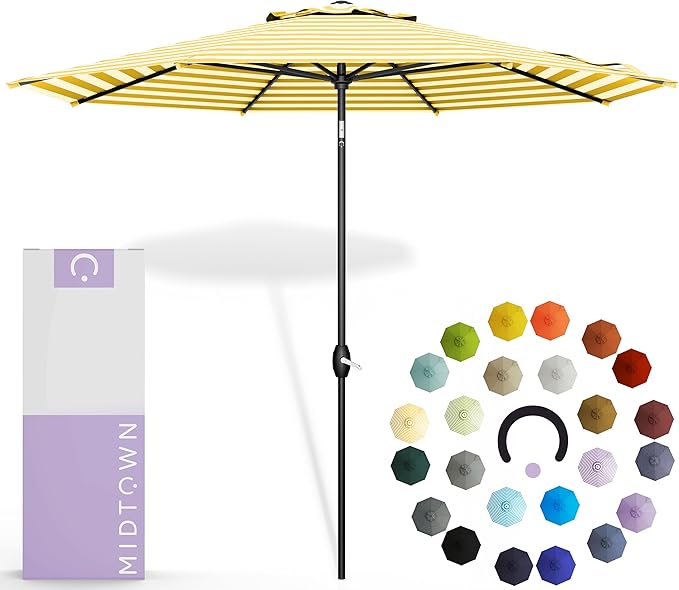 Midtown Umbrellas 10-Year-No-Fade - 6 Ft - UV Proof Sunny Stripes Polyester Fabric - Umbrella Outdoor Patio, Aluminum Frame Large Patio Umbrella for Garden, Pool & Deck - Black Pole