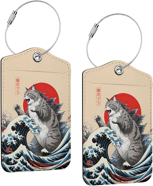 2Pcs Funny Japanese Cat Luggage Tag, Suitcase Tags with Privacy Flap and Metal Loop, Luggage Tags for Suitcases, Identifiers Travel Essentials Bag Tag, Cat Lovers Gifts for Women Girls Friends