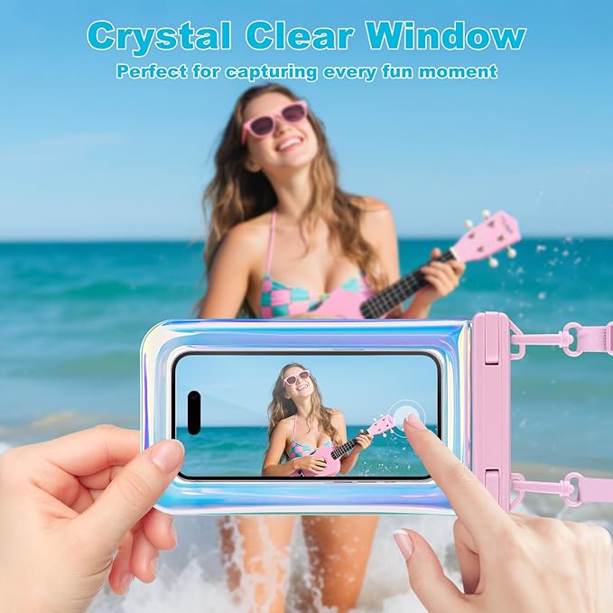 Waterproof Phone Pouch, IP68 Floating Case, Glitter Pink | for iPhone 16/15/Galaxy | Up to 7.0'' | with Adjustable Lanyard | Dry Bag Beach Essentials | 1 Pack