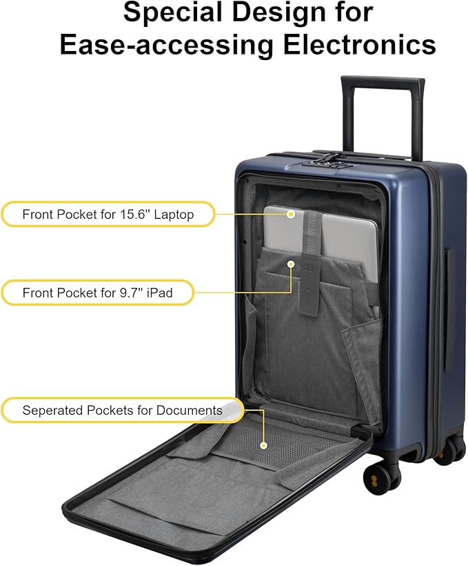 LEVEL8 Carry On Luggage with Compartment, 20 Inch Lightweight Hard Shell Rolling Suitcase with Wheels Airline Approved with Front Pocket, Double Tsa Locks, Navy Blue