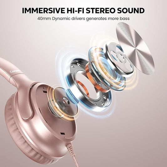 USB C Headphones Wired, Over Ear USB C Wired Headphones with Microphone, Volume Control, HD Stereo Sound, Foldable USB Type C Headphone for Adult/Teens/Laptop/Computer/iPhone 15/16 Series,Rose