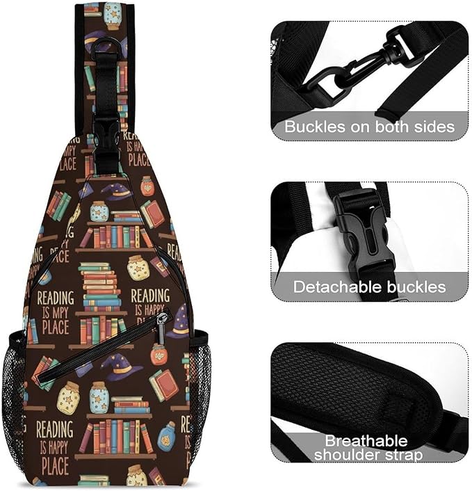 SWEET TANG Fashion Sling Backpack for Men Women, Lightweight Sling Shoulder Bag, Outdoor Chest Crossbody Bike Gym Runner Daypack with Adjustable Strap, Reading Book Is My Happy Place