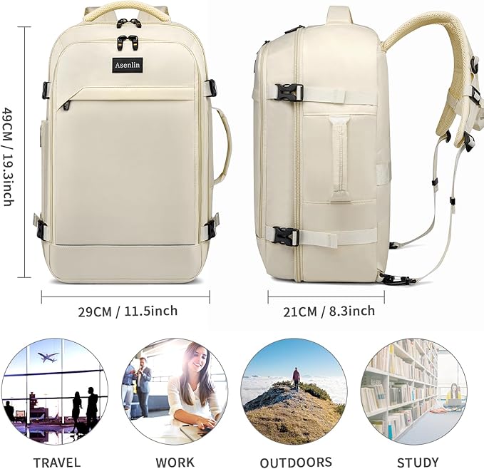 Asenlin 40L Travel Backpack for Women Men，17 Inch Laptop Backpack Flight Approved Luggage Carry On Water Resistant for Weekender Overnight Large Daypack Beige