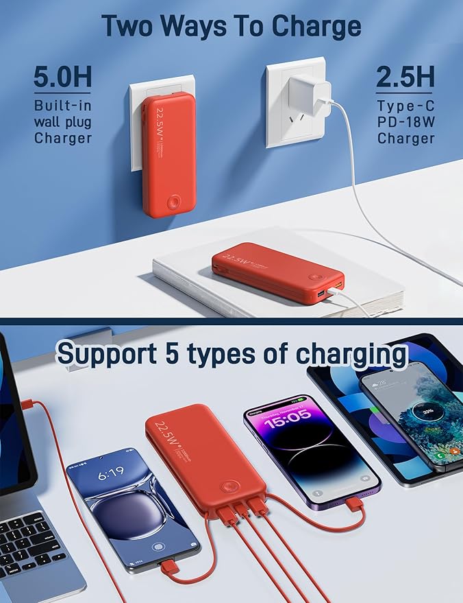 Portable Charger, 12000mAh 22.5W Fast Charging Power Bank with Built-in Cables & Wall Plug, Travel Essentials External Battery Pack, USB C Battery Phone Charger for iPhone, iPad, Samsung Red