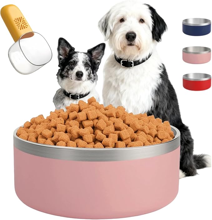 Dog Bowls Medium Sized Dogs-Large Breed 1.9l/64oz Double Layer Stainless Steel Outdoor Dog Water Bowl,Puppy Insulated Food Bowl,with Non-Slip Bottom and 1pc 8oz Food Scoop (Pink, 64 oz)