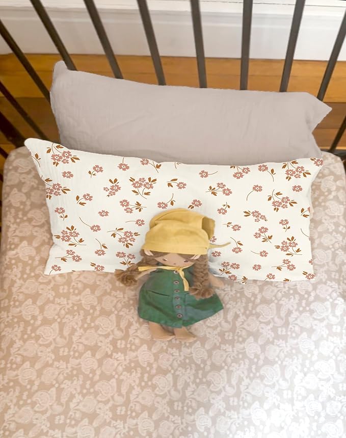 Toddler Pillowcases for 13"x18" Pillow 2 Pack, Muslin Small Toddler Baby Kids Travel Pillow Covers for Boys Girls with Envelope Closure (Flower E & Pink, 13 x 18 Inch)