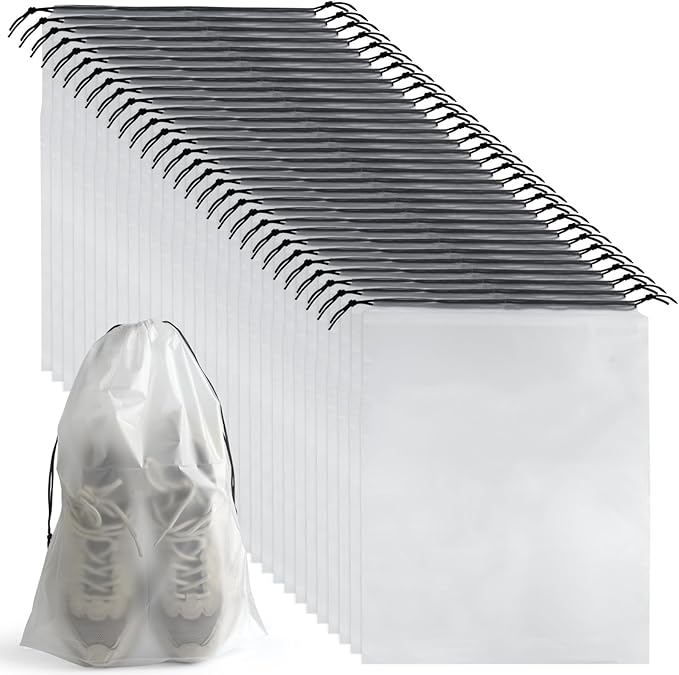 32 Pcs Shoe Bags for Travel，PLULON 15.7" x 11.8" Clear Drawstring Storage Plastic Bags Shoes Organizer for Packing Waterproof Dustproof Women Men Portable Travel Essentials