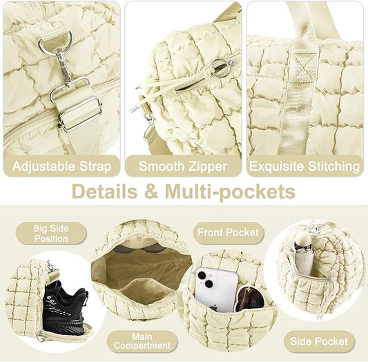 Quilted Travel Duffle Bag Gym Bag for Women,Large Puffer Duffle Weekender Bag with Compartment,Workout Overnight Carry on Organizer Bag Duffle Bag for Airplane Travel(L-Off-white)