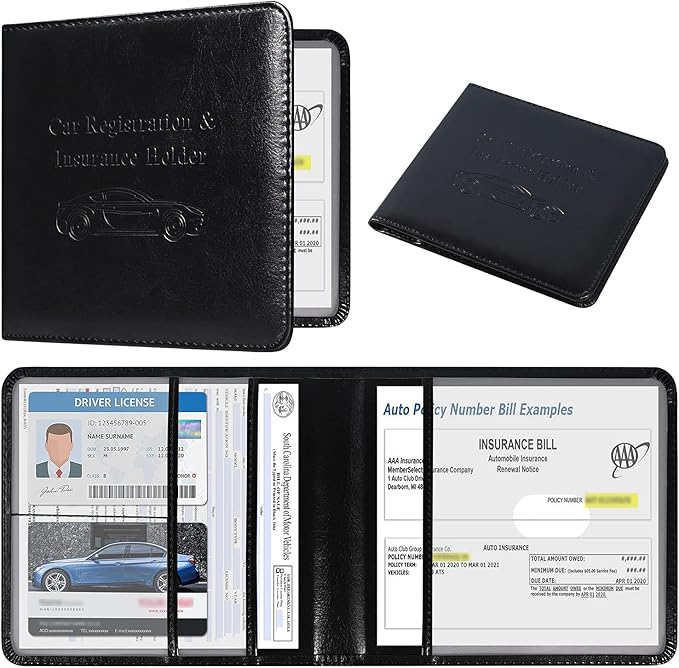 DMLuna Car Registration and Insurance Holder, Folio Leather Vehicle Card Document Glove Box Organizer, Auto Truck Compartment Accessories for Essential Information, Driver License Cards, Black