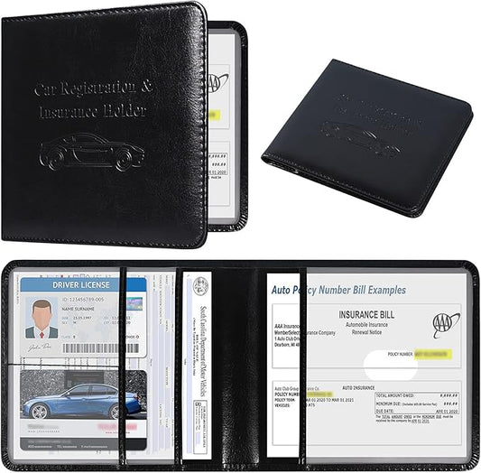 DMLuna Car Registration and Insurance Holder, Folio Leather Vehicle Card Document Glove Box Organizer, Auto Truck Compartment Accessories for Essential Information, Driver License Cards, Black