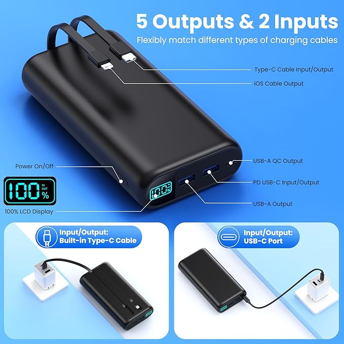Portable Charger 40,800mAh Power Bank with Built-in Cables,5 USB Output Battery Pack Backup,25W PD USB C Phone Charging LCD Display Compatible with iPhone 17/16/15/14/13 Pro,Android Galaxy Pixel Nexus