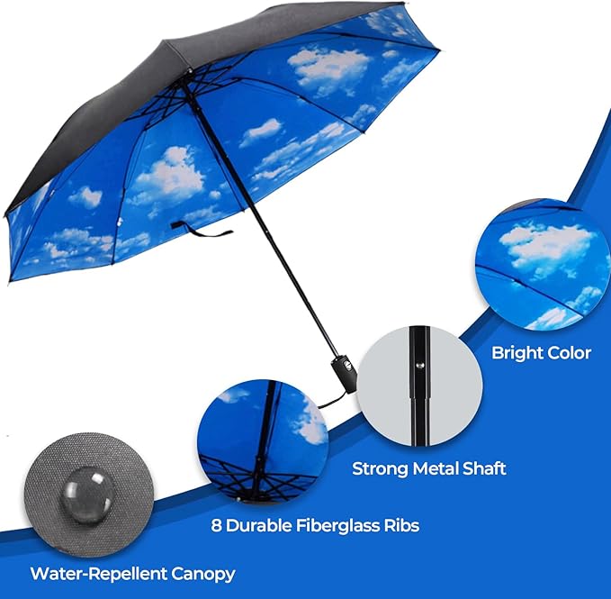 LLanxiry Compact Travel Umbrella, 44" Canopy, Automatic Open/Close Windproof Umbrella, 210T Pongee, 8-Rib Fiberglass, Travel Size Mini, Portable Rain/Sun Umbrellas UPF 50+ with Cover