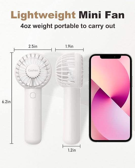 Coohea Mini Handheld Fan, Small Cute Design, 3 Powerful Speeds, USB Rechargeable Battery Operated, Personal Portable Fan with Base & Lanyard, for Eyelash Makeup Travel Beach Office Desk, White