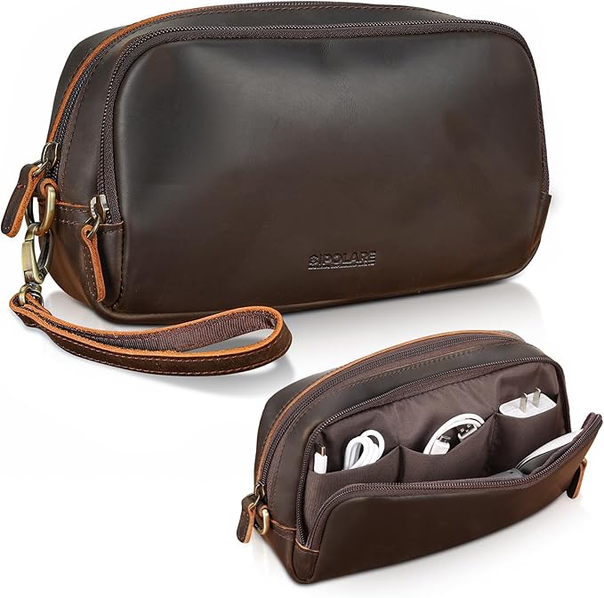 Polare Full Grain Leather Travel Electronics Organizer Case Cable Storage Carry Bag with YKK Zippers Tech Pouch for Cord, Phone, Cables, USB, SD Card, Travel Essentials