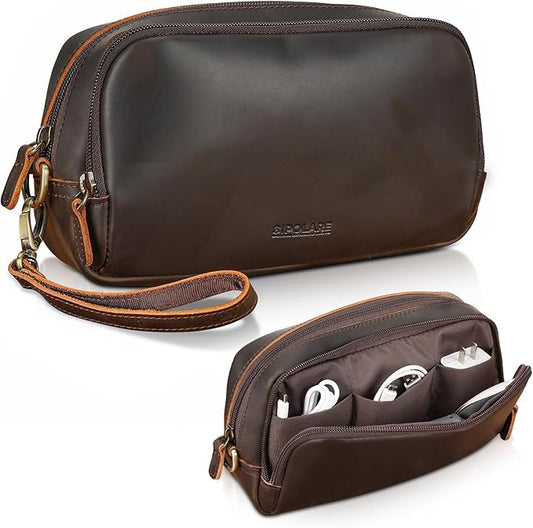 Polare Full Grain Leather Travel Electronics Organizer Case Cable Storage Carry Bag with YKK Zippers Tech Pouch for Cord, Phone, Cables, USB, SD Card, Travel Essentials