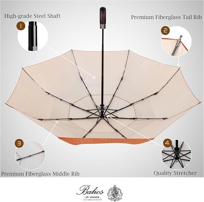 Balios Travel Folding Umbrella with Real Wood Handle Auto Open Close Vented Windproof Canopy - Designed in UK