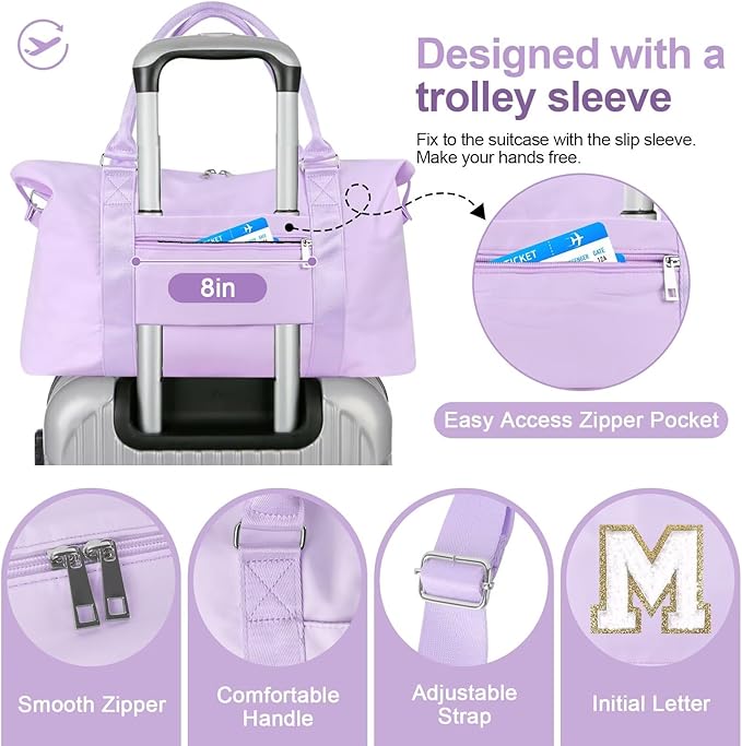 Dance Gym Duffel Bag for Teen Girls, Personalized Initial Travel Weekender Bag,Cute Overnight Carry On Duffle for Women,Sports Travel Cheer Bag,Monogram Christmas Gifts for Tween Preppy(purple-M)