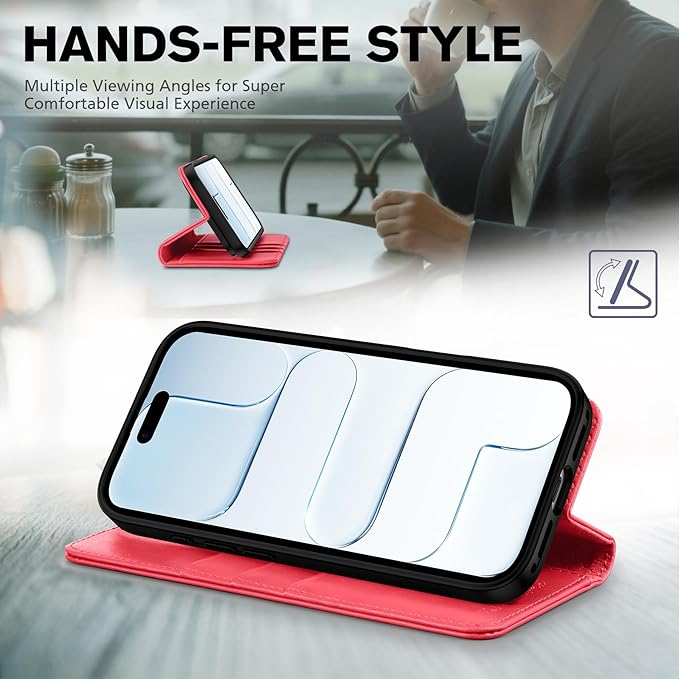 TUCCH Case Wallet for iPhone Air (6.5") 2025, RFID Blocking, 3 Card Holders, Kickstand, PU Leather, Protective Flip Folio Cover, TPU Shockproof Interior Shell, Bright Red