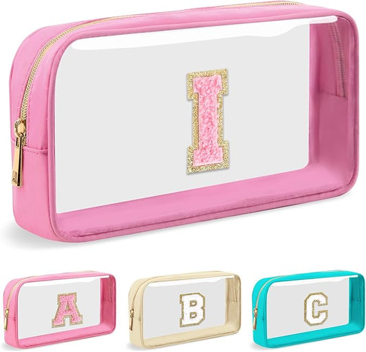 Personalized Initial Letter Clear Makeup Bag,Preppy Small Nylon&PVC Cosmetic Zipper Bag with Chenille Letter,Portable Beach Travel Skincare Toiletry Bag,Trendy Monogram Gift for Teen Girls Women,I