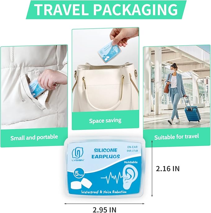 LYSIAN Soft Moldable Silicone Earplugs, 5 Pairs, 27dB SNR Noise Cancelling Ear Plugs for Swimming, Sleeping, Reading (Green)