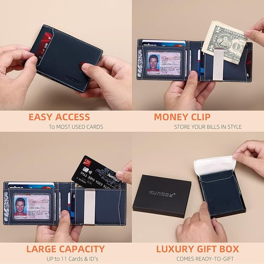 RUNBOX Slim Wallets for Men - Leather Money Clip Mens Wallet - RFID Blocking Front Pocket Bifold Wallet - Thin Credit Card Holder with Gift Box