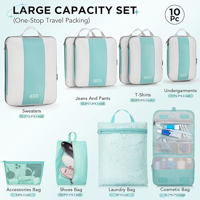 10 Set Compression Packing Cubes for Travel Essentials,Compressible Expandable Packing Cubes for Suitcase,OlarHike Luggage Organizer Bags for Travel,Handy Helper for Organizing Clothes(New Blue Green)