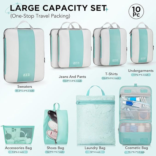 10 Set Compression Packing Cubes for Travel Essentials,Compressible Expandable Packing Cubes for Suitcase,OlarHike Luggage Organizer Bags for Travel,Handy Helper for Organizing Clothes(New Blue Green)