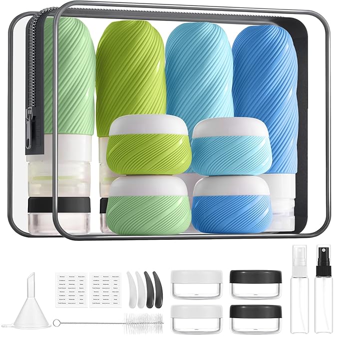 LitBear 23 Pack TSA Approved Travel Bottles for Toiletries, Leak Proof Refillable Travel Size Containers Kit with Silicone Squeezable Bottles Jars for Shampoo Lotion Conditioner, in Clear Bag, Blue