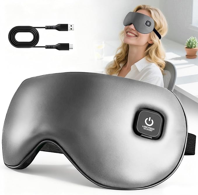 Heated Eye Mask, Rechargeable Detachable Washable Faux Silk Electric Cordless Dry Eyes Warmer Compress Graphene Sleep Mask Travel Gifts for Men Women, 3 Heat Levels & Auto-Off, Gray
