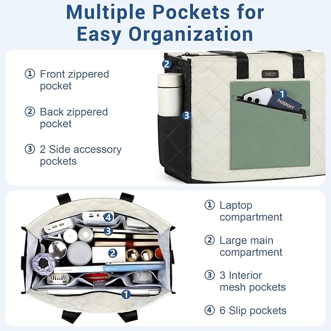 IBFUN Utility Tote Bag with 14/24 Pockets Zip Top Teacher Tote Bag for Teacher/Work Women