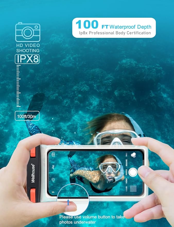 wellhouse Waterproof Phone Pouch, Waterproof Phone Case for iPhone 16 15 14 13 12 Pro Max XS Samsung, IPX8 3D Cellphone Dry Bag Beach Essentials (1 Pack - Black/Red Clasp7.0, 7 inch)
